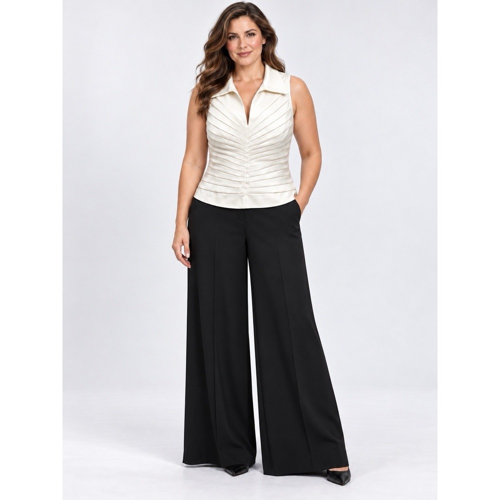 JS Collections Womens 14 Ivory Satin Pleated Tuxedo Sleeveless Formal Blouse